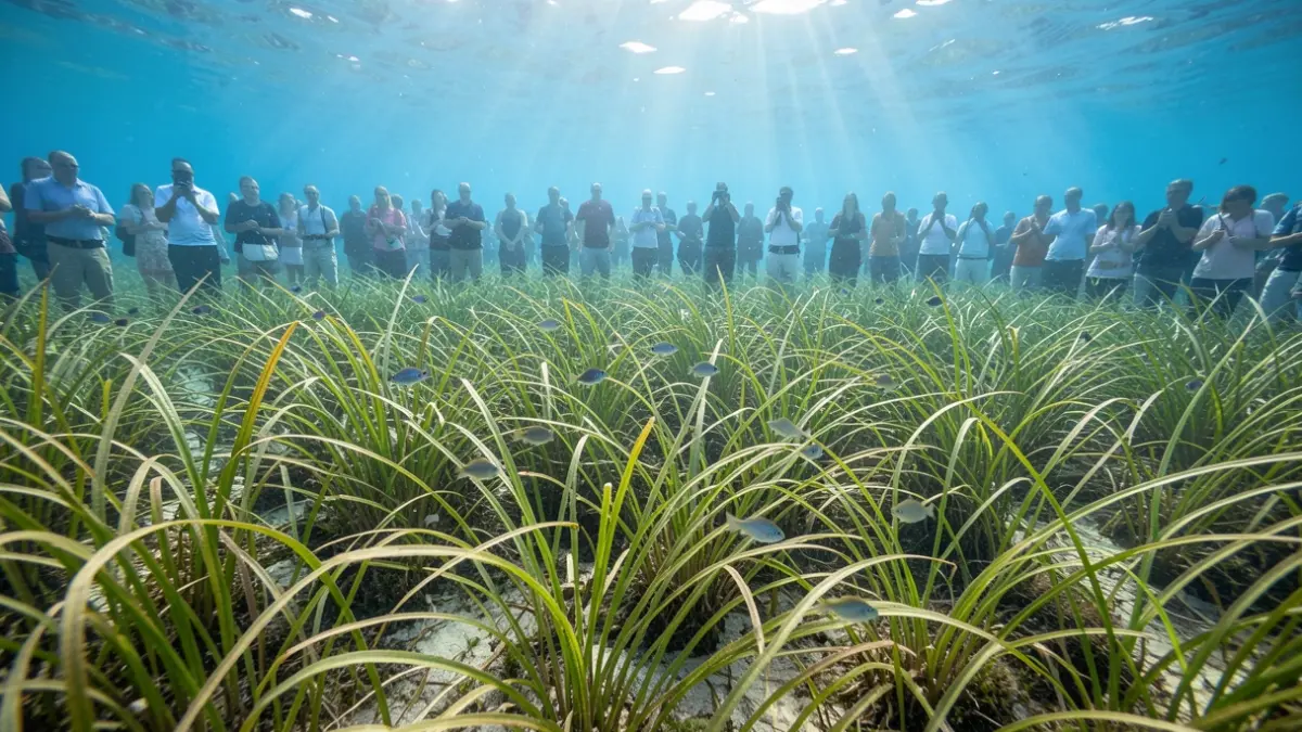 Underwater Posidonia seagrass meadow in the Mediterranean with sunlight filtering through.