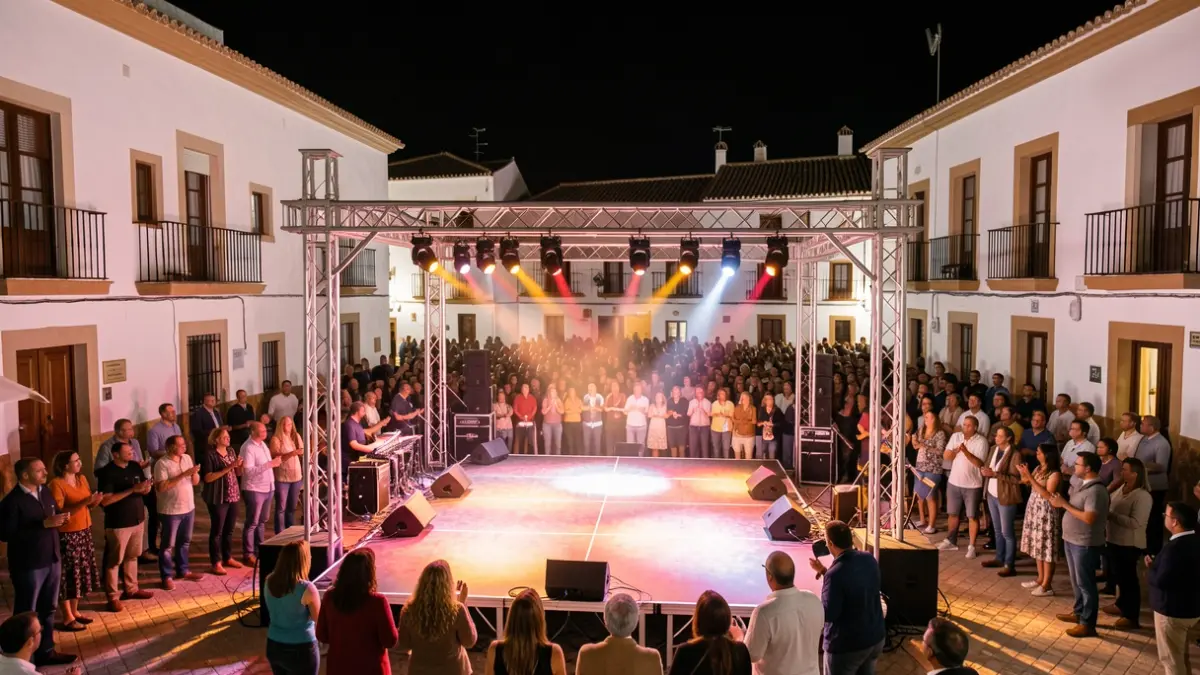 Escena genérica de un concierto al aire libre en una plaza de pueblo andaluz por la noche.