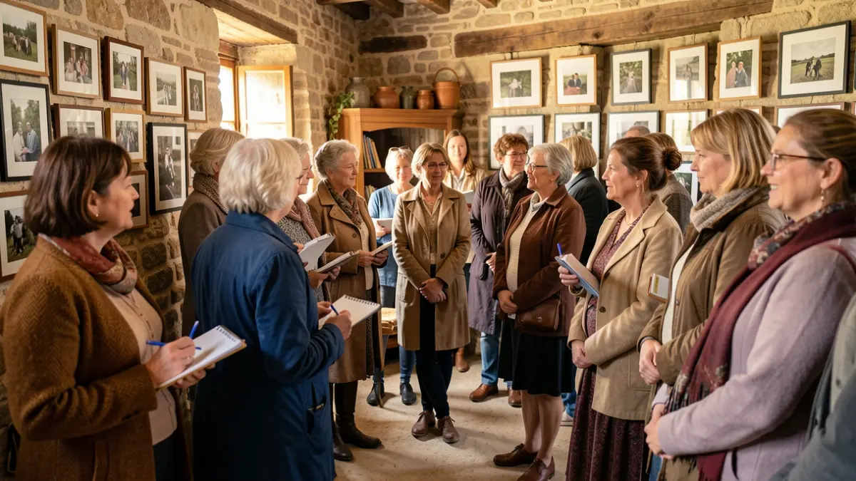 Imagen genérica de un grupo de mujeres diversas reunidas en un entorno rural, compartiendo historias y mirando fotografías.