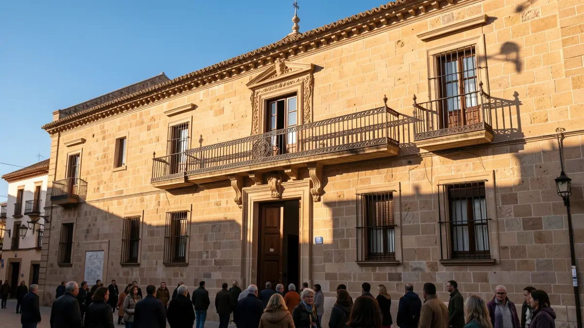 Facade of the Martos Town Hall with balcony and iron railings, under the afternoon sunlight.