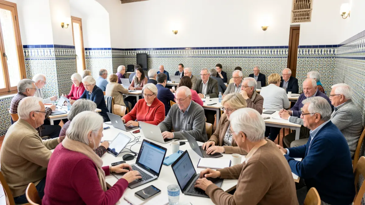 Older adults learning to use technology in a workshop.
