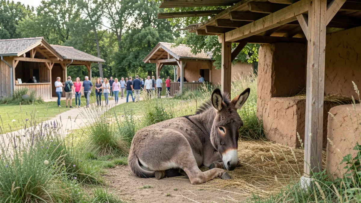 Generic image of a donkey resting in a natural shelter within a recreational park.