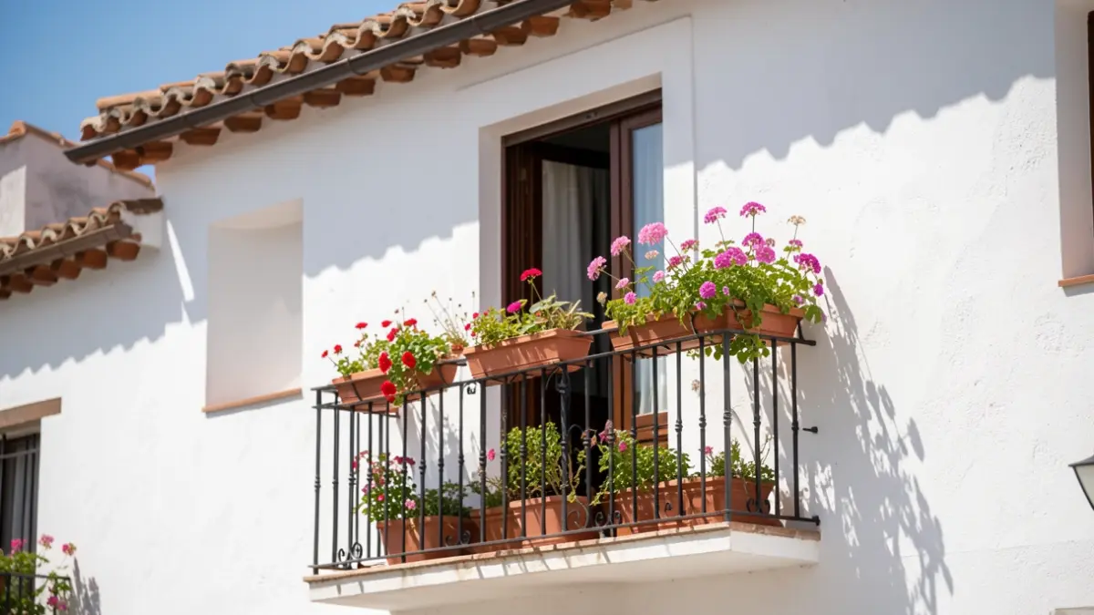 Imagen genérica de la fachada de una casa andaluza con paredes blancas y tejado de tejas, un balcón con flores, luz solar intensa.