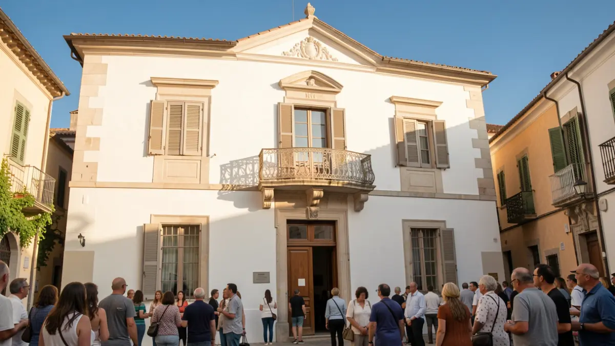 Imagen genérica de la fachada de un ayuntamiento en un pueblo mediterráneo con balcón y cielo azul.