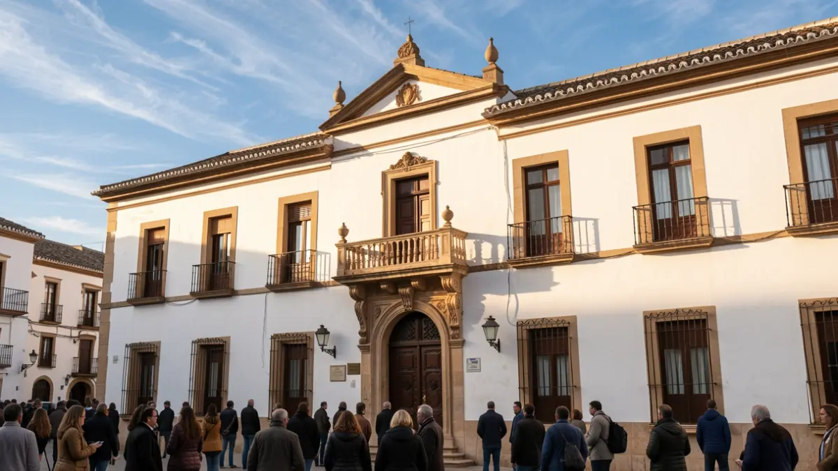 Facade of the Mijas City Hall, white building with Andalusian architecture and ornate balcony, afternoon light.