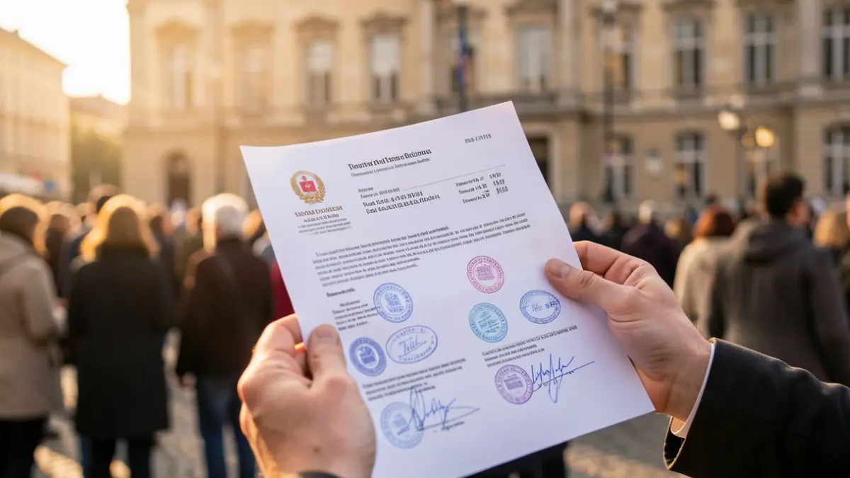 Generic image of an official document with seals and a blurred institutional building in the background.