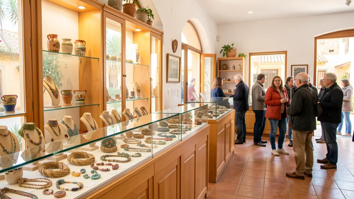 Exposición de artesanía local en la Oficina de Turismo de Mijas, con piezas de arcilla polimérica e ilustraciones sobre cerámica.