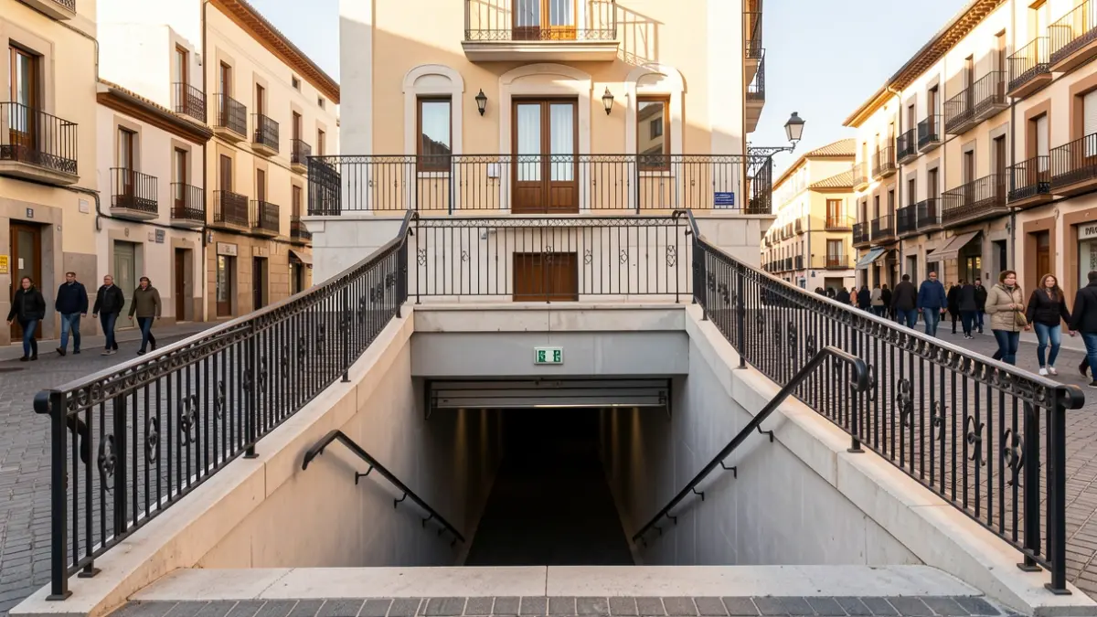 Generic image of an underground parking entrance in a town square in Andalusia.