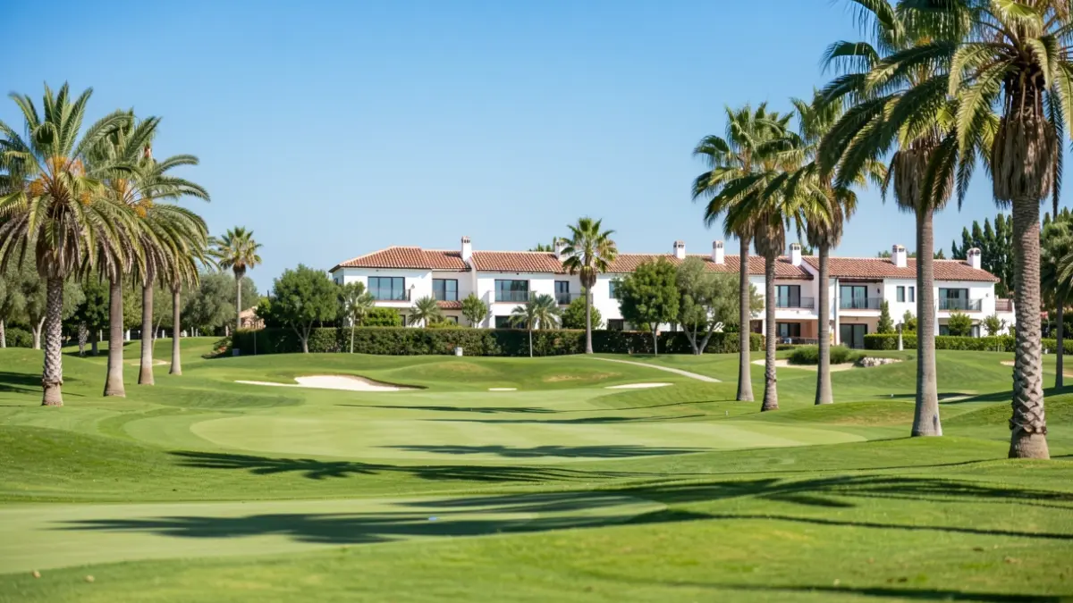 Imagen genérica de un campo de golf en Andalucía con vegetación y un edificio de resort.