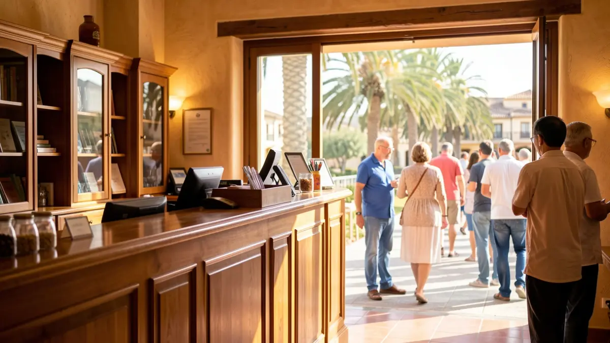 Imagen genérica de una recepción de hotel en Mijas con luz solar.