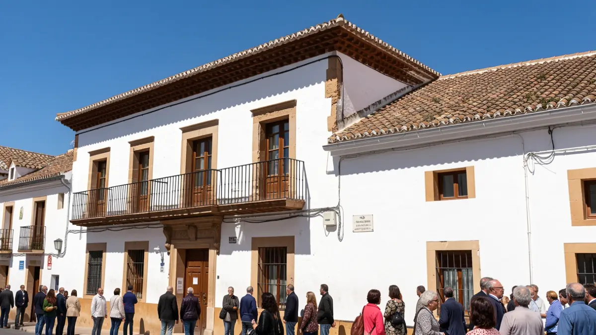Imagen genérica de la fachada de un ayuntamiento andaluz con balcón y cielo azul.