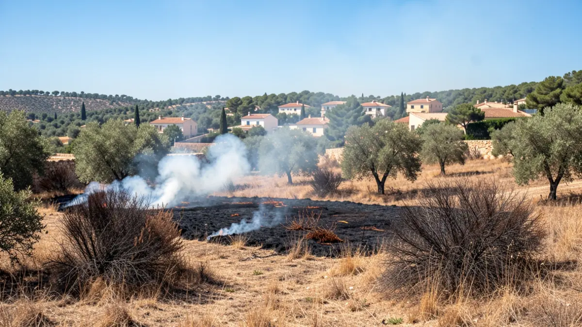 Generic image of a controlled vegetation burn in a forest area with visible smoke near residential zones.
