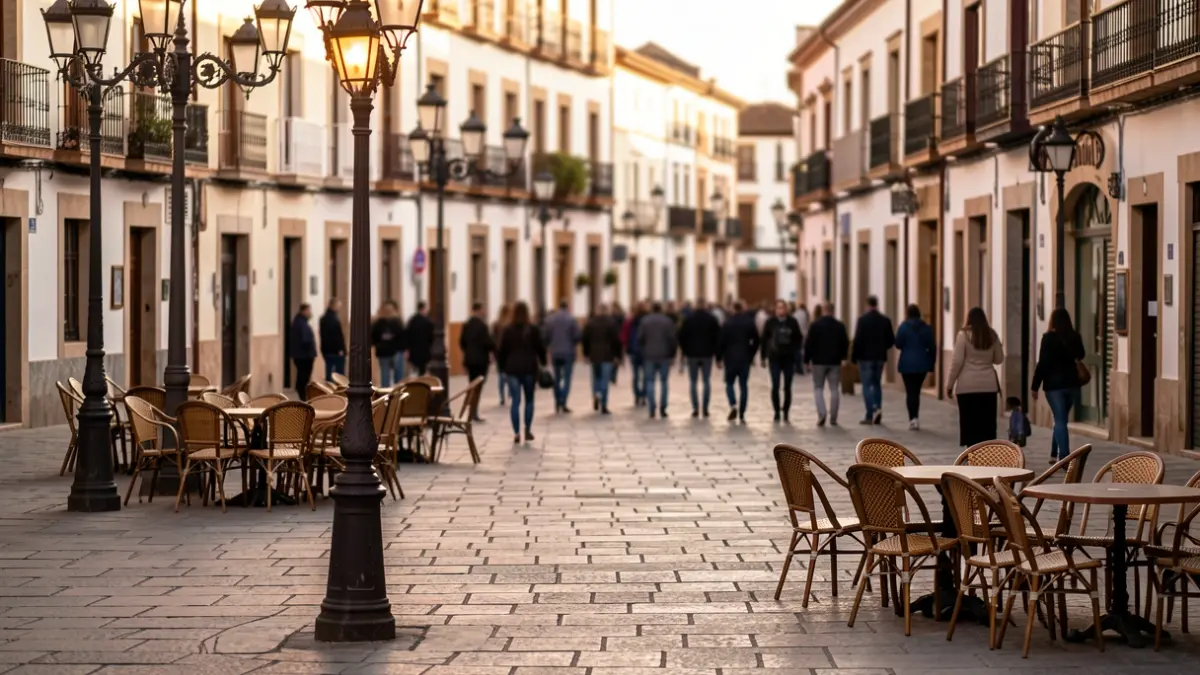 Imagen genérica de una plaza de pueblo andaluza con farolas y sillas de café, luz de atardecer.