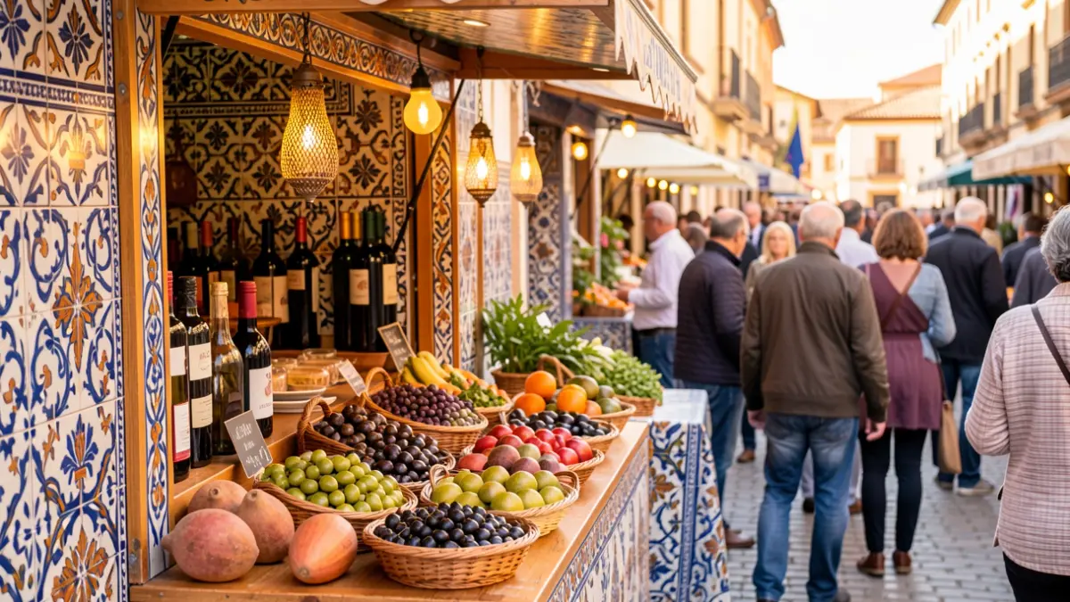 Puesto del Ayuntamiento de Nigüelas en la Feria de los Pueblos de Granada, mostrando productos locales y elementos culturales.
