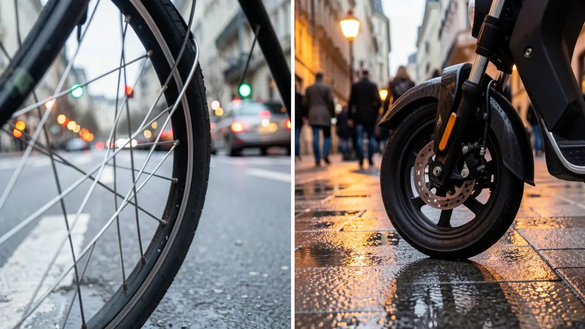 Imagen dividida mostrando una rueda de bicicleta y una rueda de patinete eléctrico, simbolizando las nuevas normas de circulación.