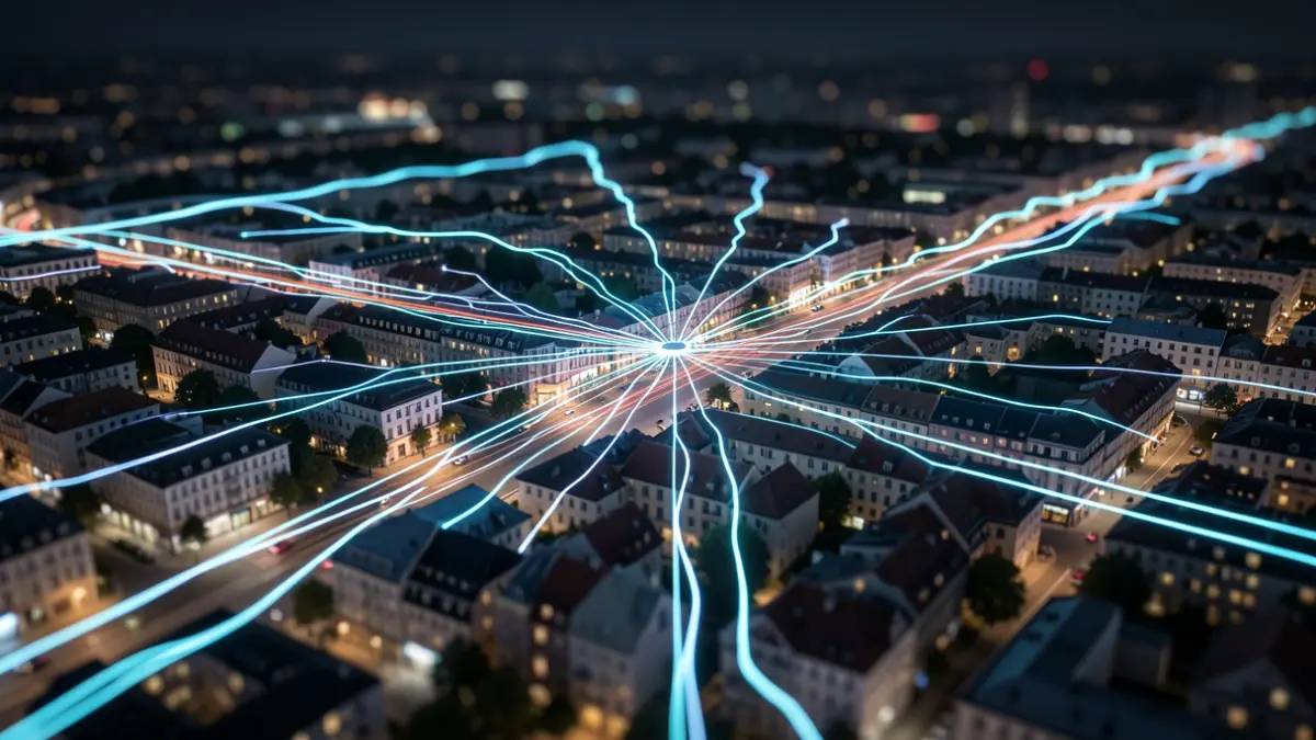 Abstract visualization of energy flow in a smart urban grid.