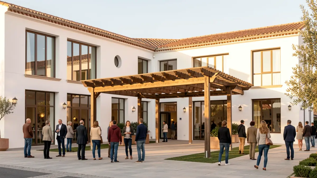 Generic image of the facade of a modern social center with Andalusian architectural elements and an outdoor area with a pergola.