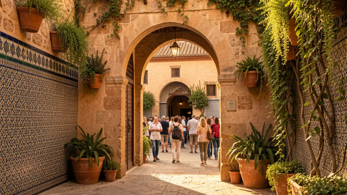 Detalle de un patio andaluz con arcos de piedra y azulejos, iluminado por la luz del atardecer.