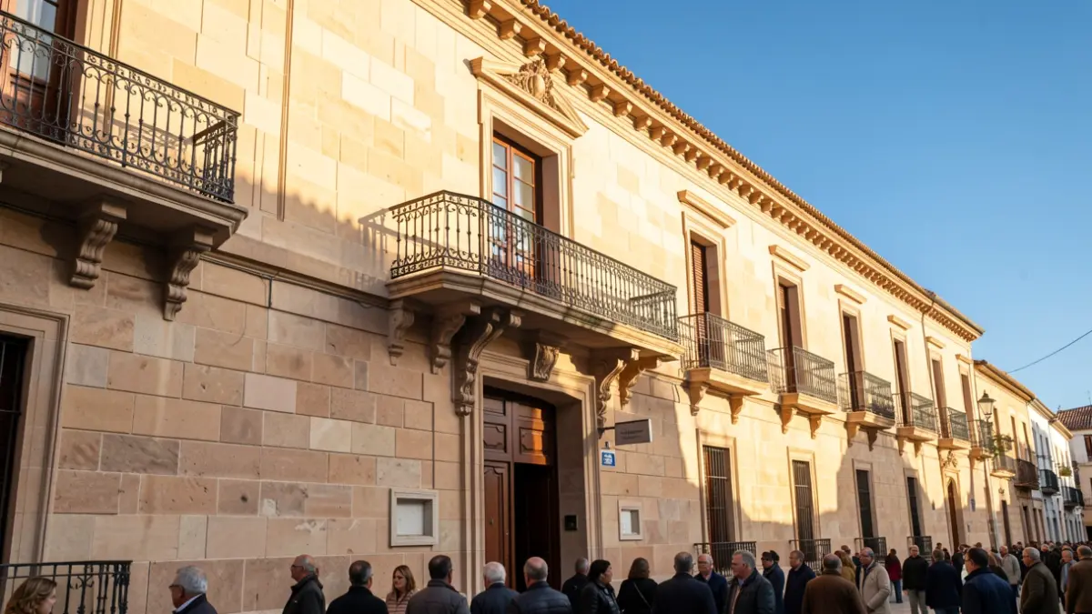 Facade of the Ogíjares Town Hall with balcony and iron railings, afternoon light.