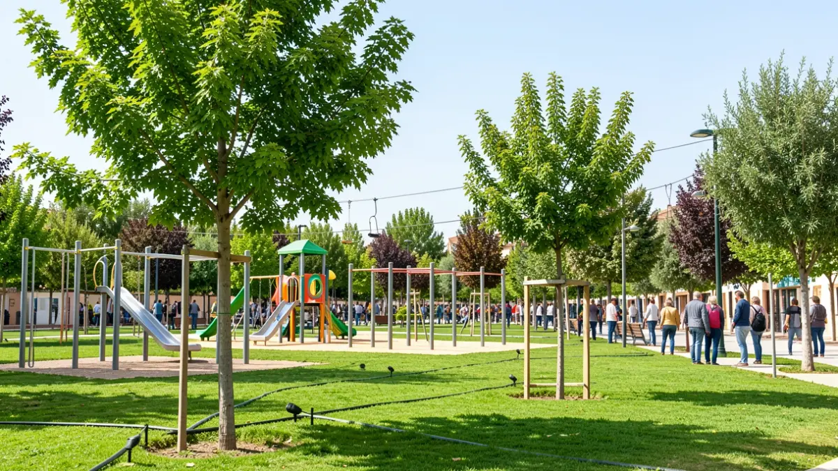 Imagen genérica de un parque público con zonas de juegos infantiles, equipamiento deportivo y árboles recién plantados.