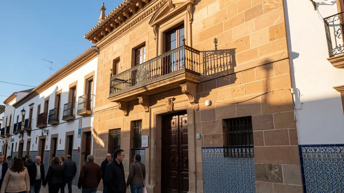Fachada del Ayuntamiento de Ogíjares con balcón y barandillas de hierro, luz de sol de la tarde.
