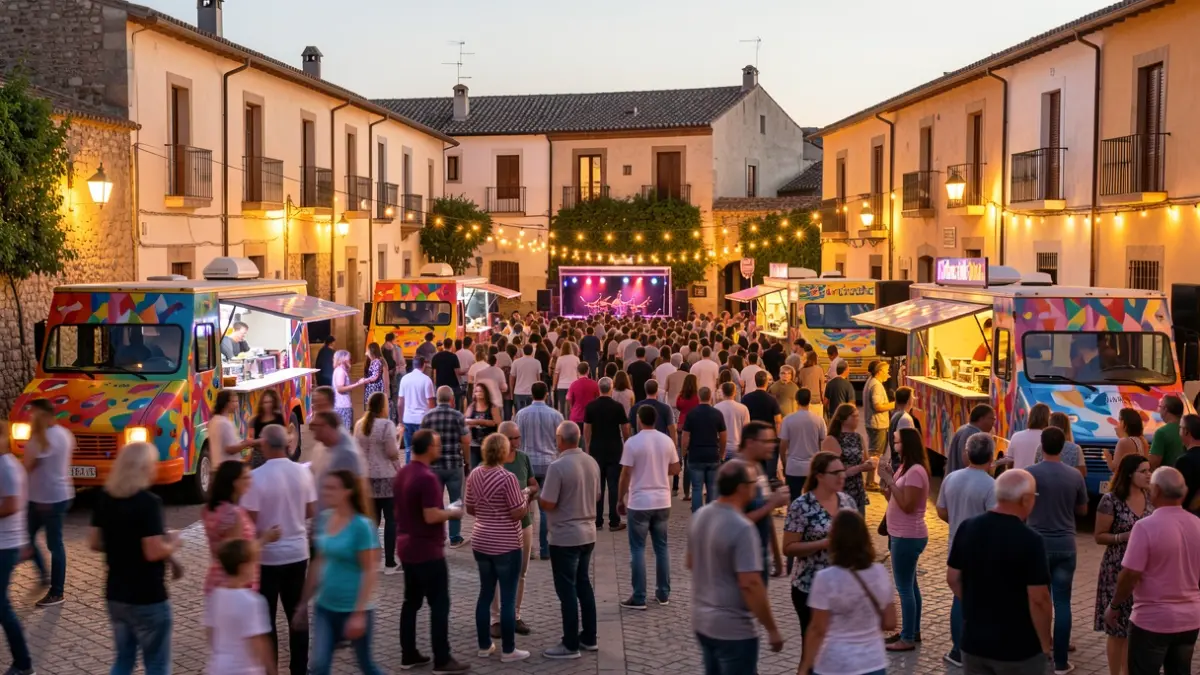 Generic image of an outdoor music festival in a Spanish square at dusk, with food trucks and attendees.