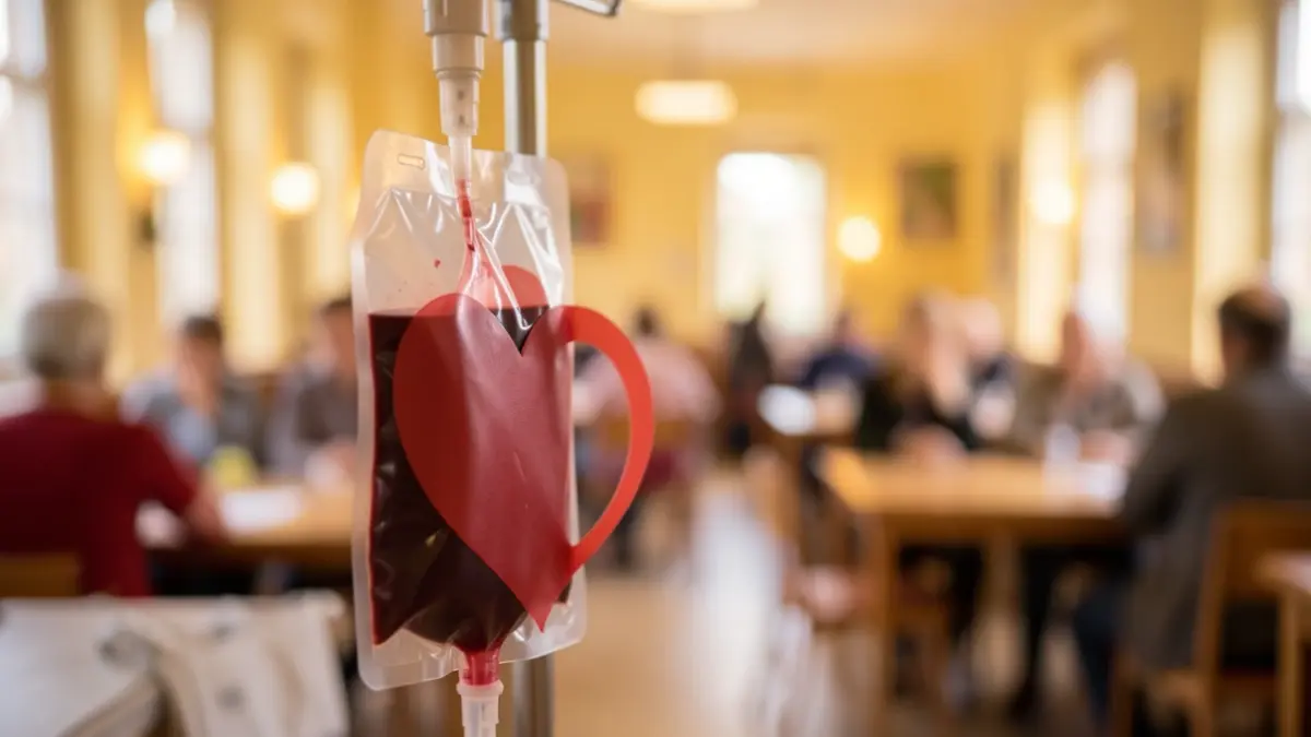 Blood donation bag with a heart symbol, in a community hall interior.