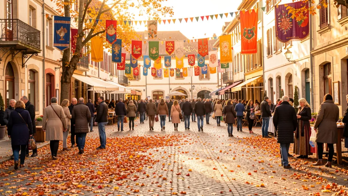 Imagen genérica de una plaza de pueblo en otoño con decoración festiva.