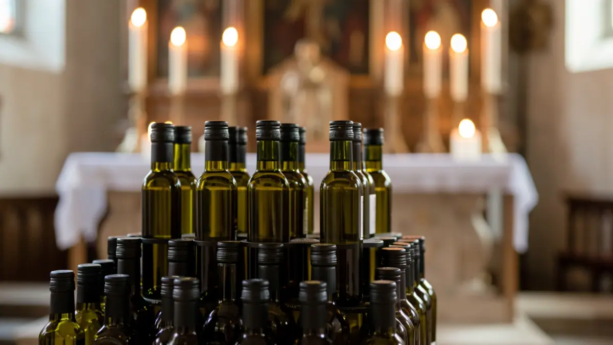 Generic image of stacked olive oil bottles, with a blurred church altar and flickering candles in the background.
