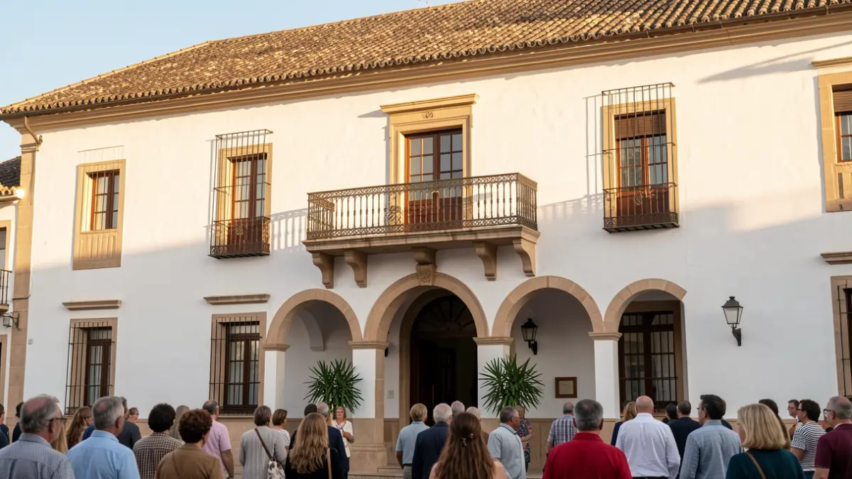 Facade of the Pedro Abad City Hall with a balcony and afternoon light.