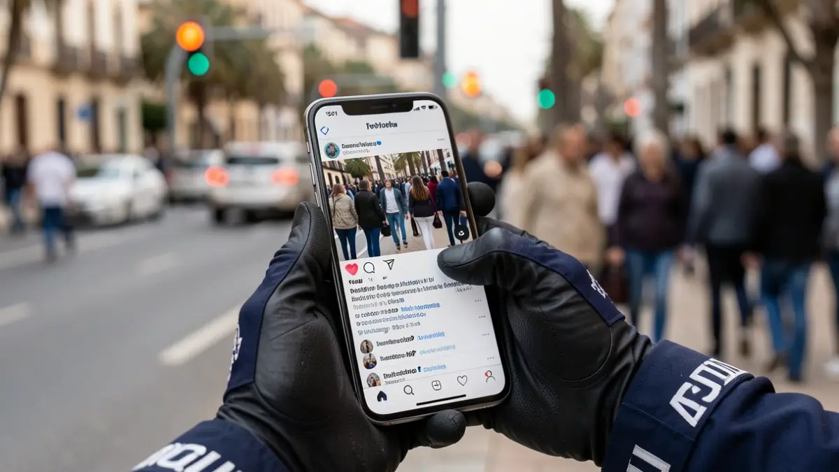 Generic image of a mobile phone screen in a police officer's hand, with a blurred road in the background.
