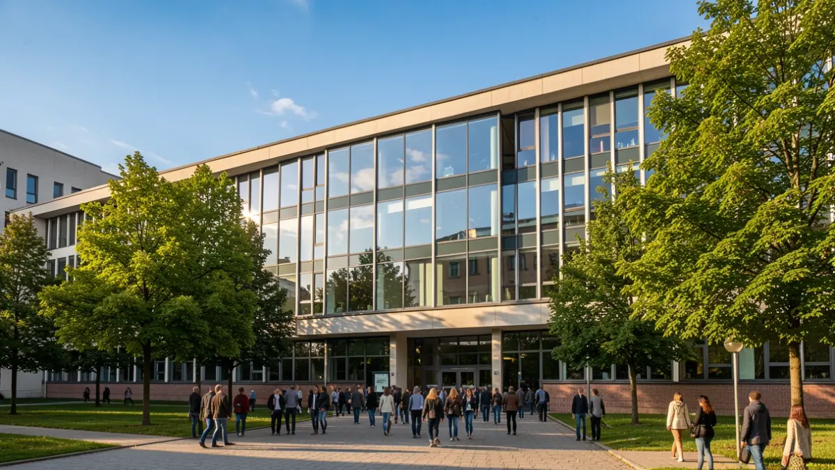 Generic image of the facade of a modern university building with large windows and surrounding greenery.