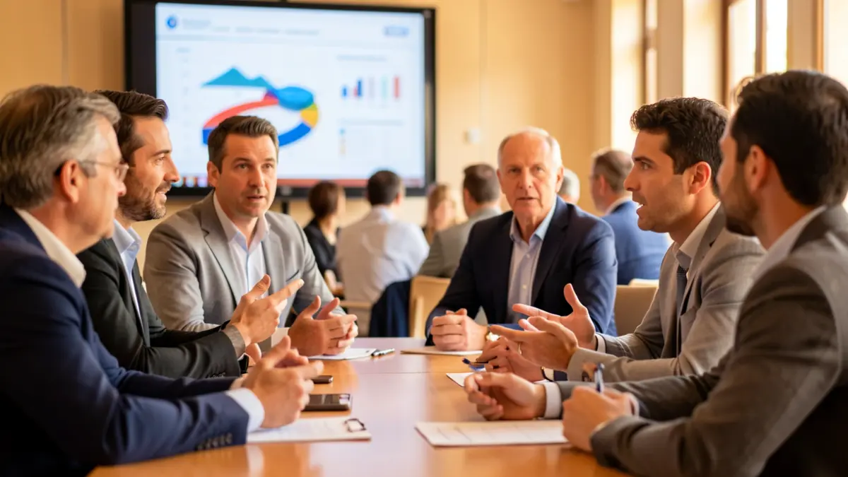 Generic image of a diverse group of professionals in a conference room in Andalusia, with abstract charts and a screen in the background.
