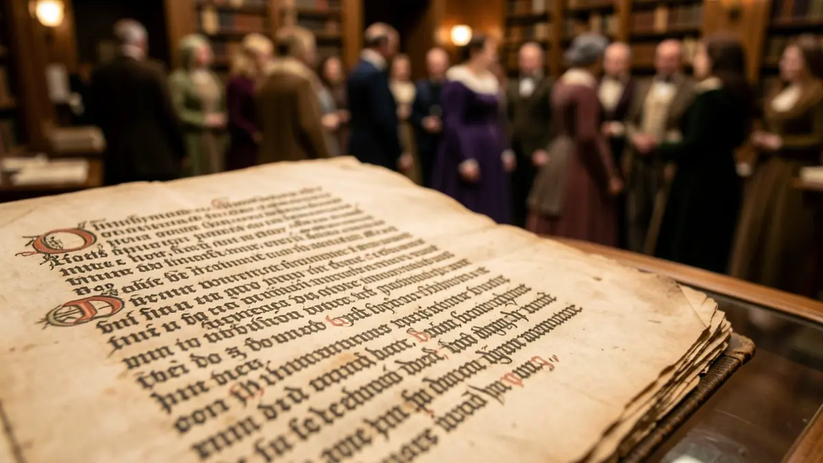 Close-up of an ancient document with courtly gothic script, illuminated by warm light.