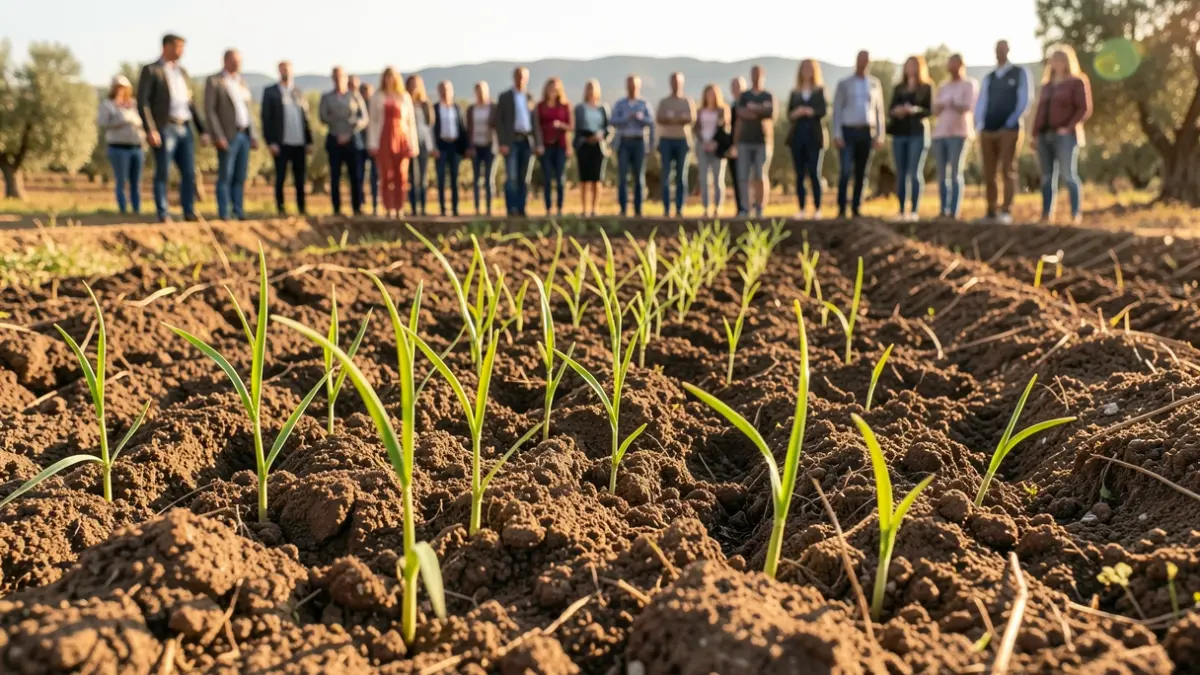 Primer plano de suelo fértil con brotes verdes emergiendo, simbolizando regeneración y crecimiento en el campo andaluz.