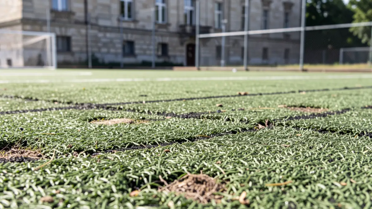 Generic image of a soccer field with worn-out artificial turf and deteriorated areas, with a fence and a municipal building in the background.