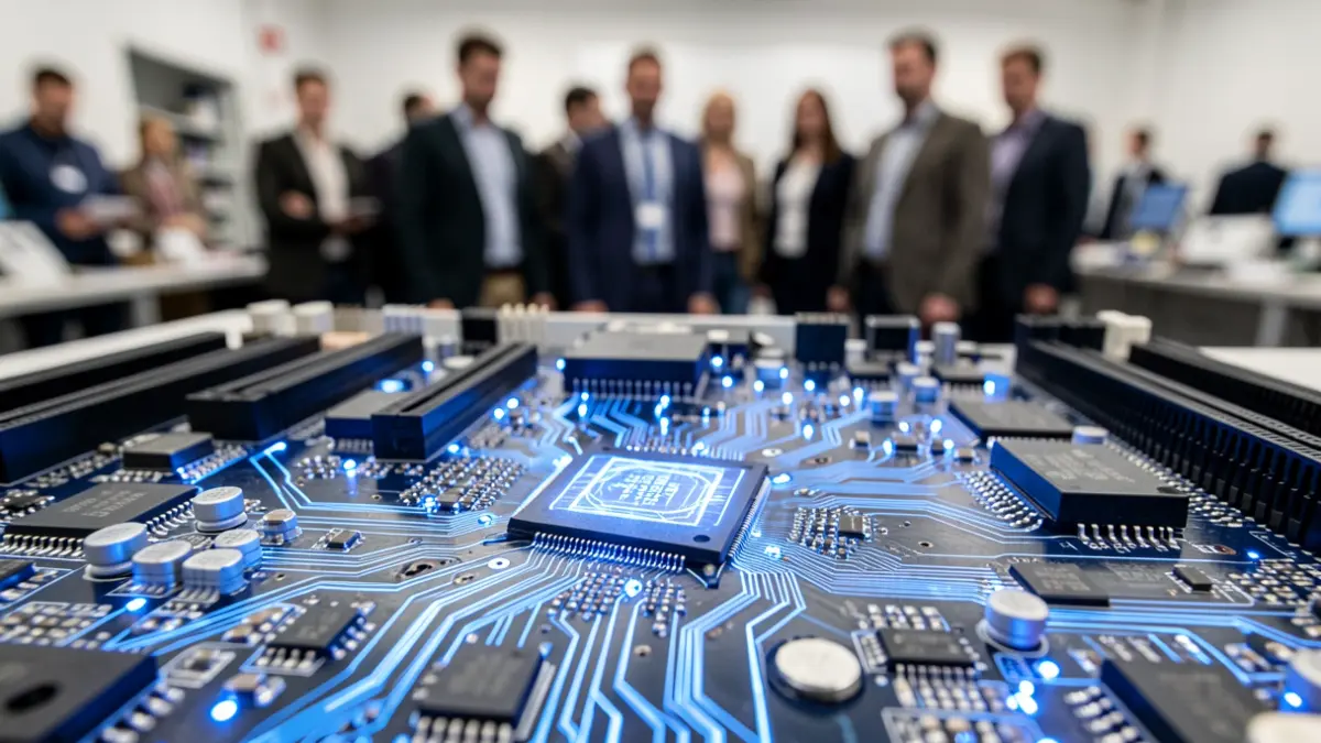 Computer motherboard with circuits and blue lights, representing artificial intelligence.