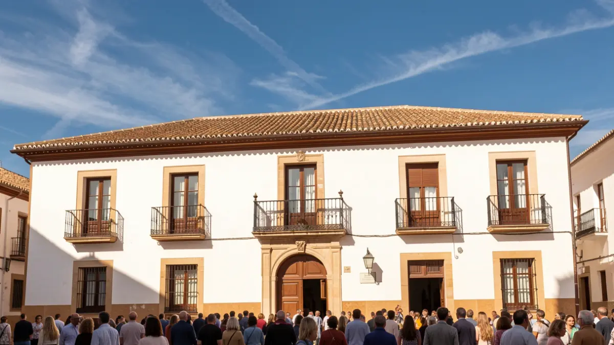 Generic image of the facade of a traditional Andalusian town hall with wrought iron balconies under a bright blue sky.