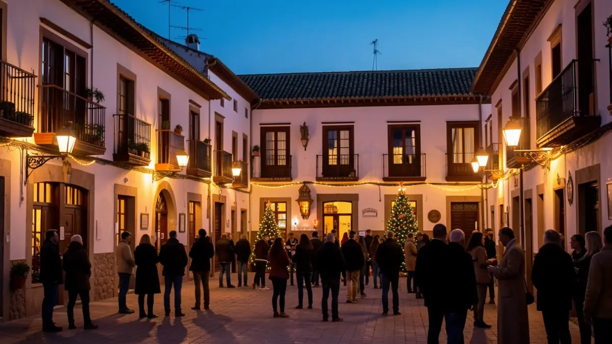 Imagen genérica de una plaza andaluza iluminada por la noche, con siluetas de personas.