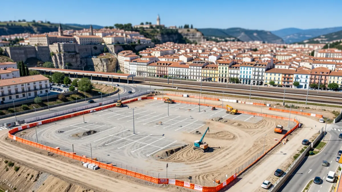 Vista aérea de la construcción de un nuevo aparcamiento junto a la estación de tren de Ronda.