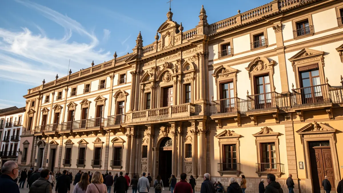 Fachada de un edificio histórico en Ronda, Andalucía, con detalles arquitectónicos y luz de tarde.