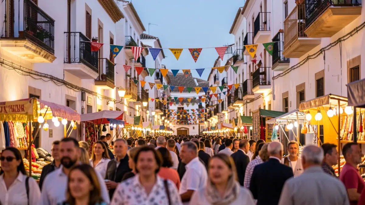 Festive atmosphere at the Real Feria of San Francisco neighborhood in Ronda, with decorations and people enjoying.