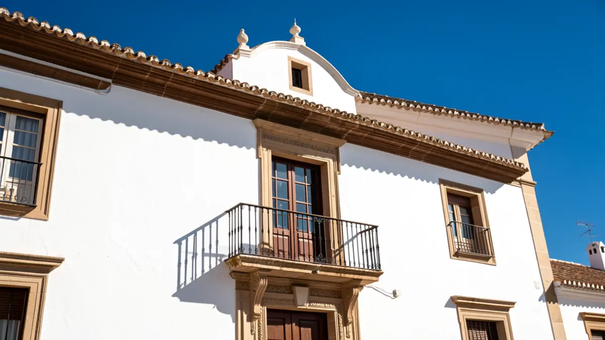 Generic image of an Andalusian town hall facade with a balcony under a blue sky.
