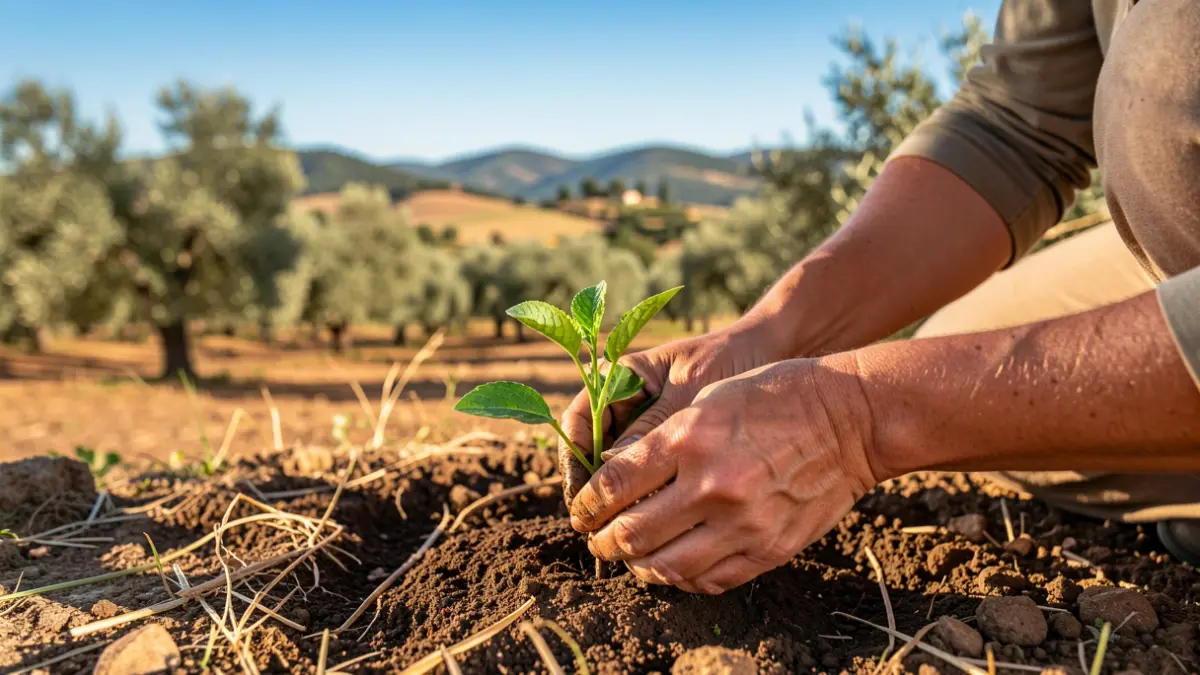 Imagen genérica de manos de mujer trabajando la tierra en un paisaje rural andaluz.