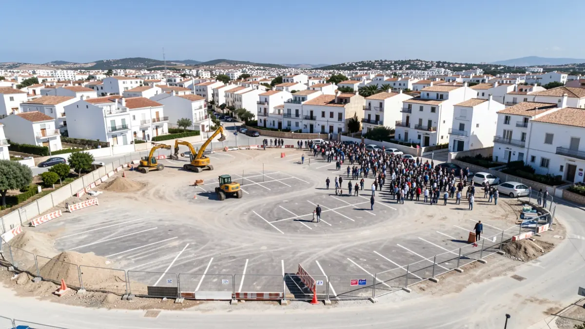 Aerial view of a parking lot under construction in Ronda.
