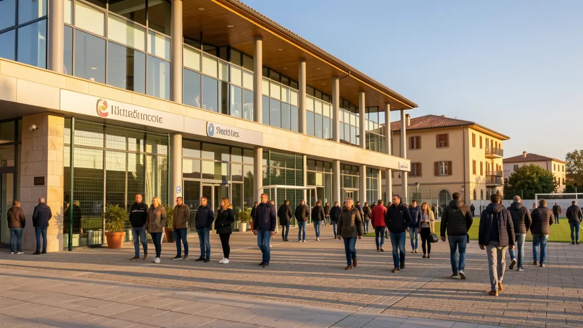 Generic image of a sports complex facade with renovation elements under the afternoon sun.