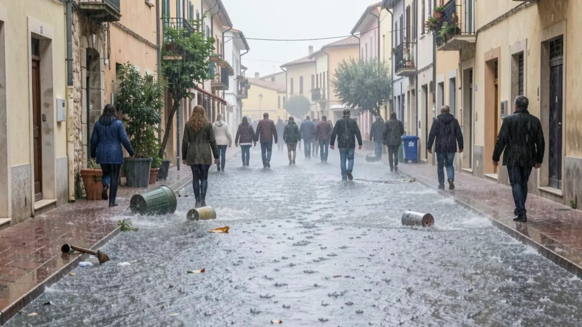 Imagen genérica de una calle con lluvia intensa y acumulación de agua.