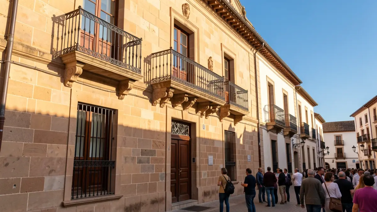 Fachada del Ayuntamiento de Ronda con balcón y barandillas de hierro, luz de tarde.