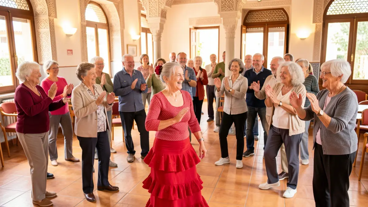 Personas mayores participando en una actividad de fitness y flamenco en un centro sociocultural.