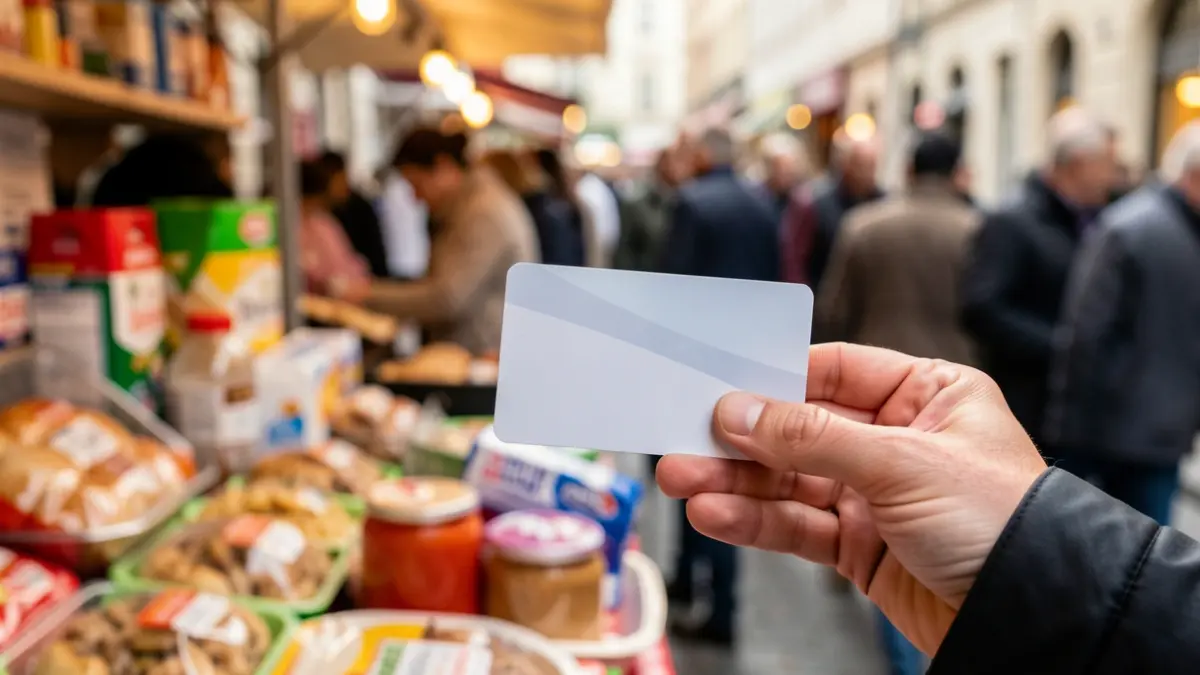 Generic image of a hand holding a gift card with basic necessities blurred in the background.